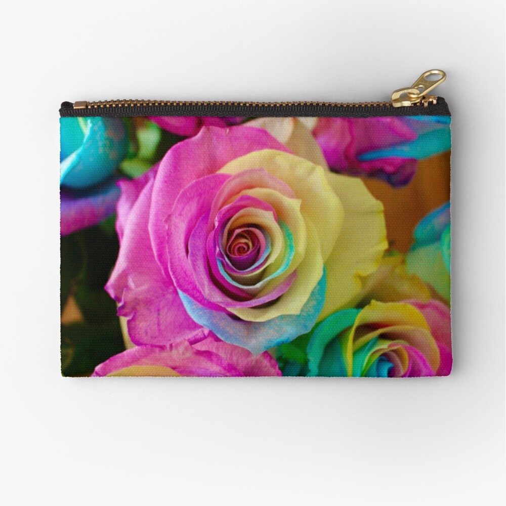 A small zipper pouch with vibrantly colored rainbow roses printed on it.