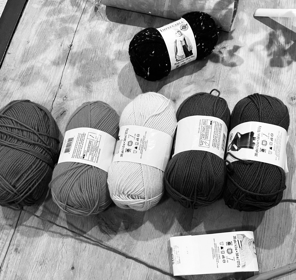 Black and white version of the photo above with five skeins of yarn lined up with a sixth, smaller skein above them. The five skeins of yarn are in order of medium, medium, light, dark, dark