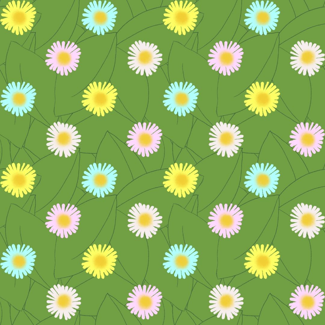 Green leaves with thin outlines and veins layered to look like a leaf pile. Small pink, white, blue, and yellow flowers with yellow centers in an offset diagonal pattern are placed over the top.